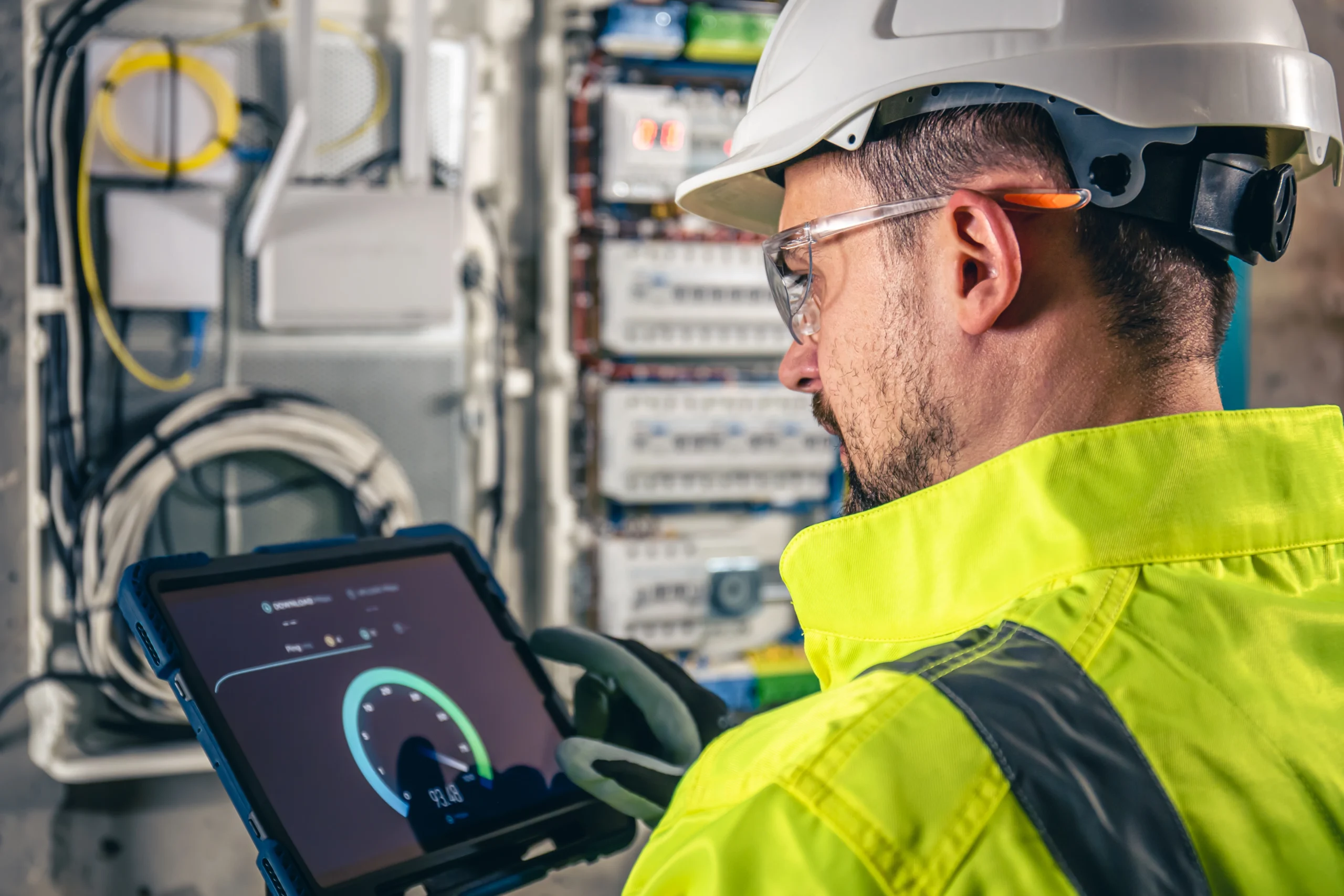technician working with fuses using a tablet vessel monitoring system data